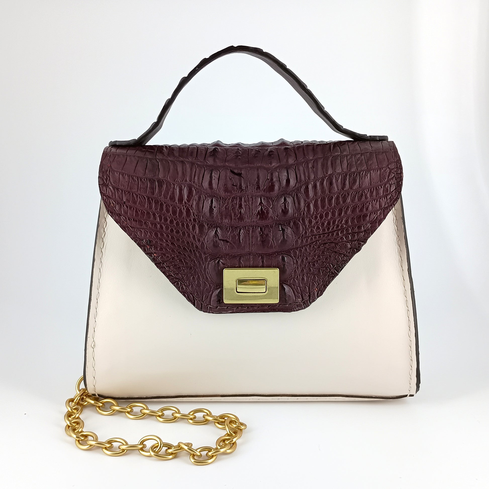 AlliChic Handbag with maroon top section and white bottom section on a white background