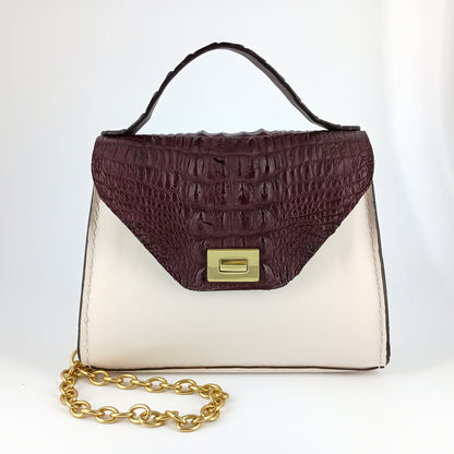 AlliChic Handbag with maroon top section and white bottom section on a white background